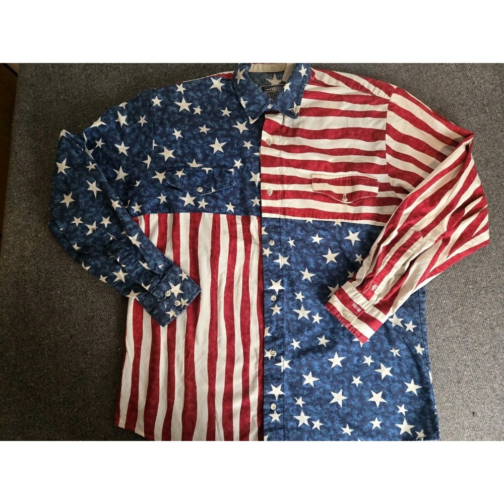 Vintage Y2k American Flag Western Button Up Shirt Sz Larg Essentials Karman Usa